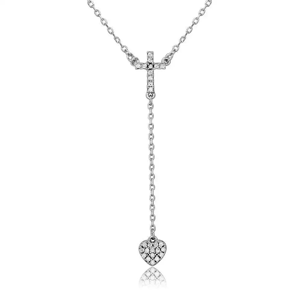 925 Sterling Silver Rhodium Plated Cross with Hanging Heart Necklace