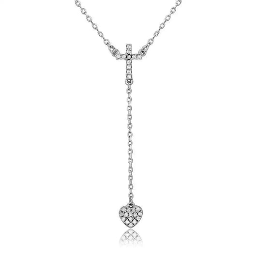 925 Sterling Silver Rhodium Plated Cross with Hanging Heart Necklace