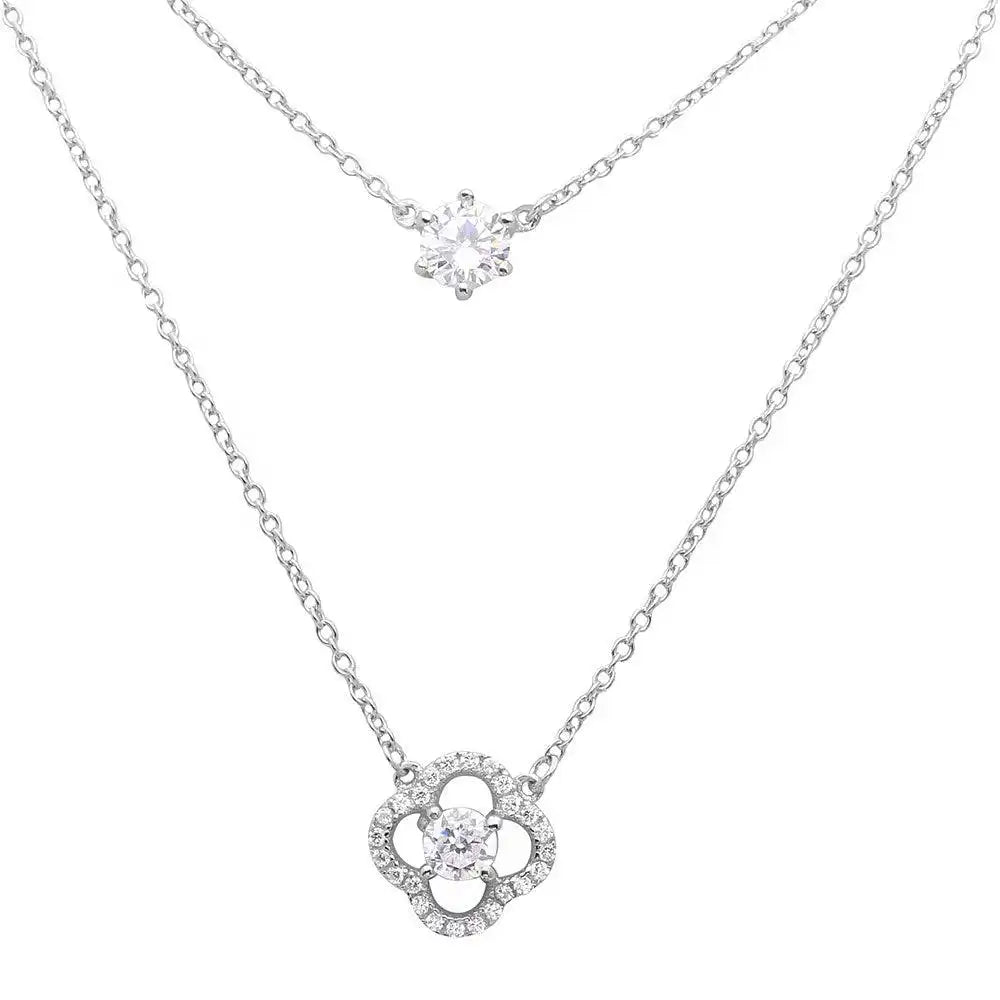 925 Sterling Silver Rhodium Plated CZ And Open Flower Necklace