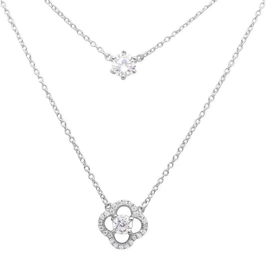 925 Sterling Silver Rhodium Plated CZ And Open Flower Necklace