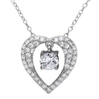 925 Silver Rhodium Plated Open Heart Necklace with Hanging Stone