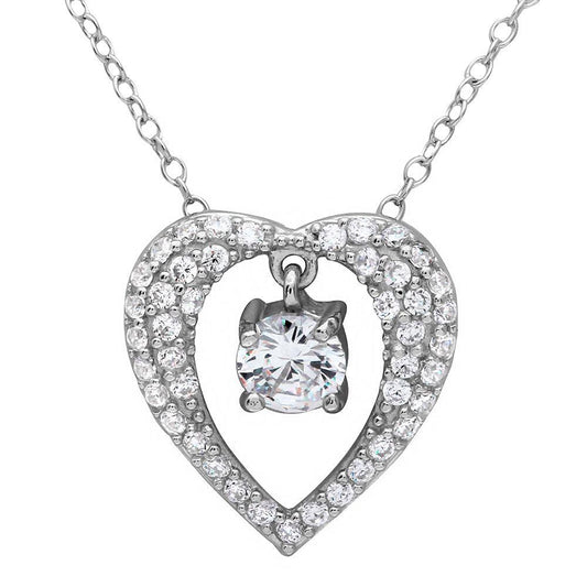 925 Silver Rhodium Plated Open Heart Necklace with Hanging Stone