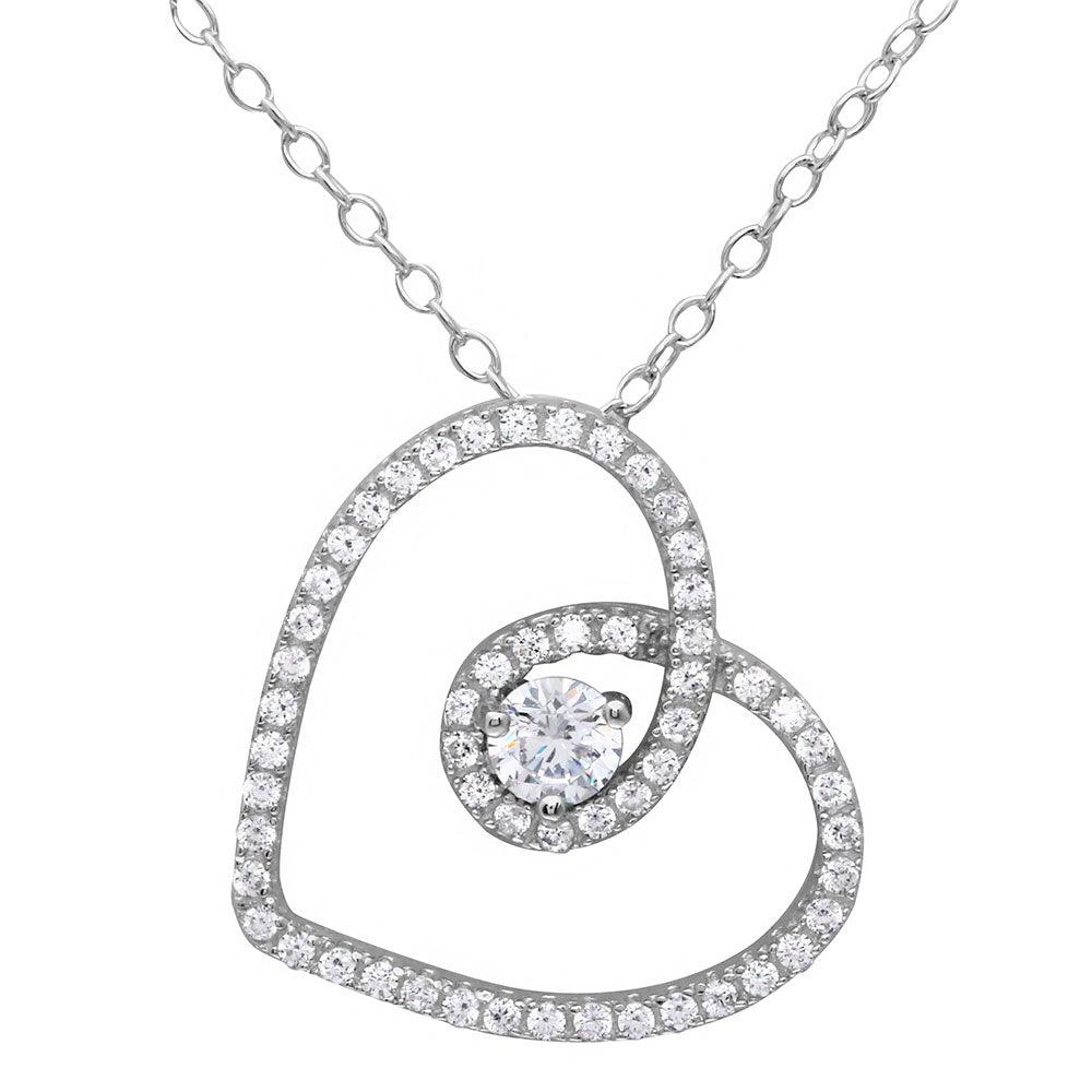 925 Silver Rhodium Plated CZ Open Script Heart Necklace