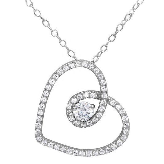 925 Silver Rhodium Plated CZ Open Script Heart Necklace