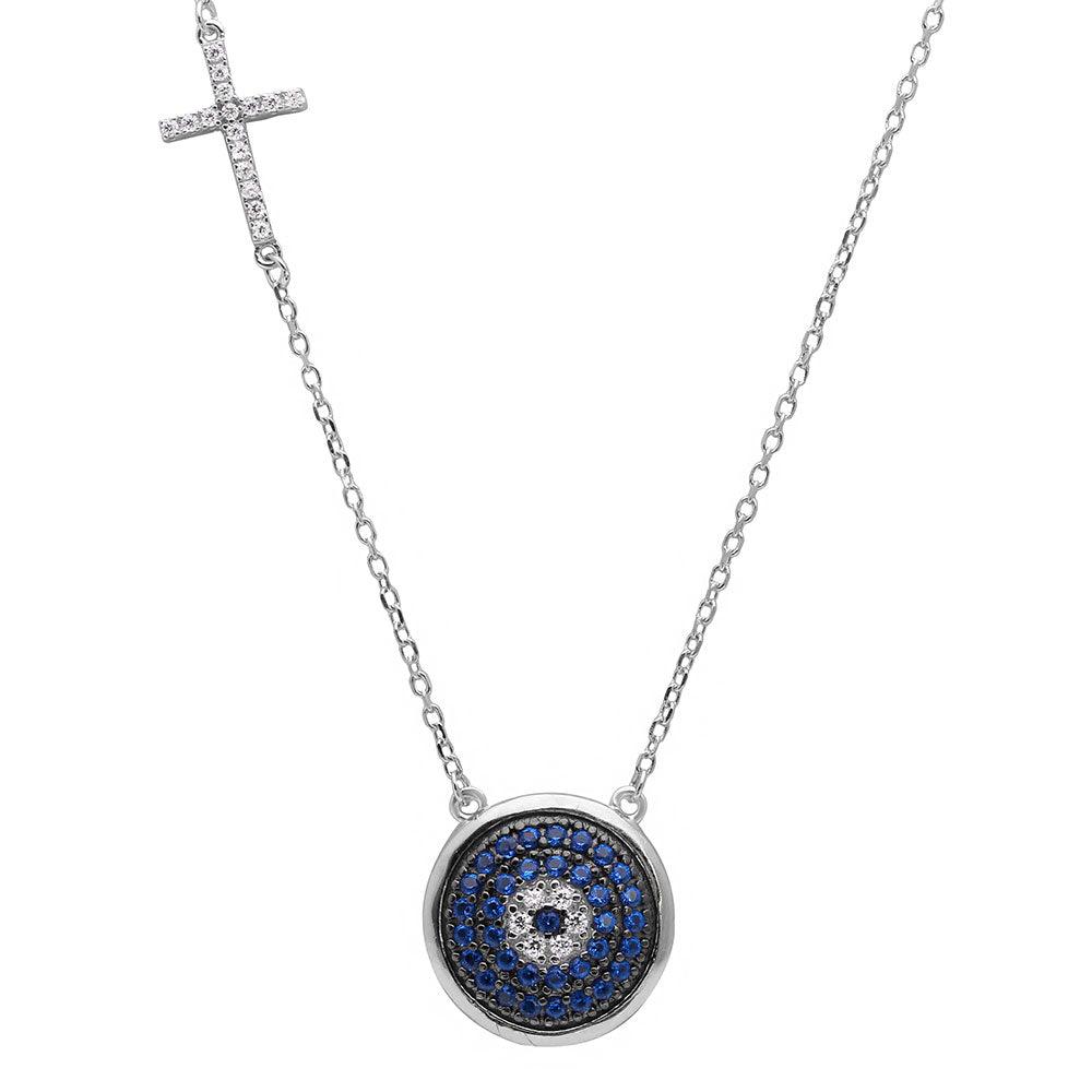 925 Silver Rhodium Plated Blue CZ Evil Eye with CZ Cross Charm Necklace