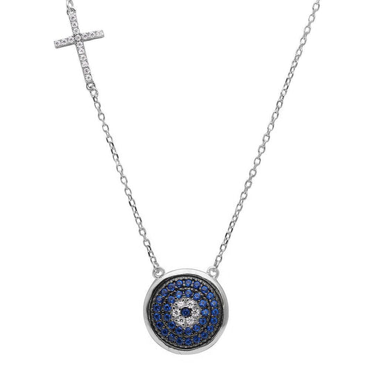 925 Silver Rhodium Plated Blue CZ Evil Eye with CZ Cross Charm Necklace