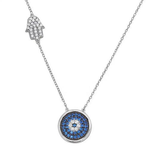 925 Sterling Silver Rhodium Plated Evil Eye Necklace with CZ Hamsa Hand