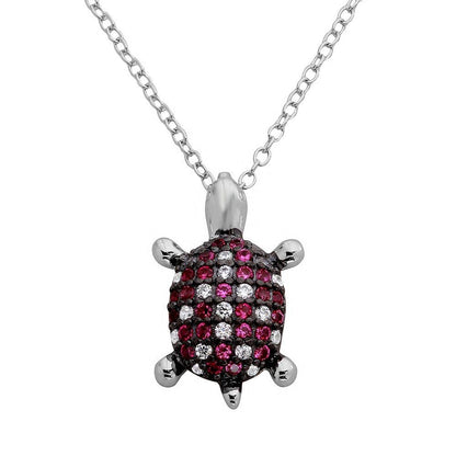 925 Sterling Silver Rhodium Plated Pink and Clear CZ Turtle Necklace