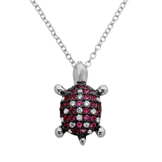925 Sterling Silver Rhodium Plated Pink and Clear CZ Turtle Necklace