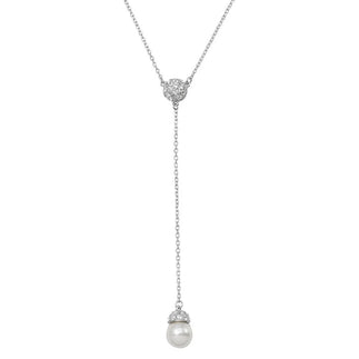 925 Sterling Silver Rhodium Plated CZ Drop Synthetic Pearl Necklace