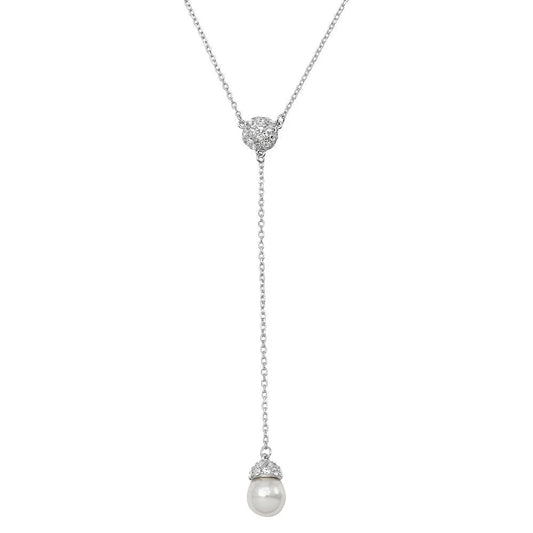 925 Sterling Silver Rhodium Plated CZ Drop Synthetic Pearl Necklace