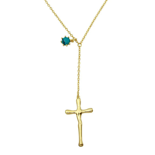925 Sterling Silver Gold Plated Cross Necklace with Turquoise Bead Charm