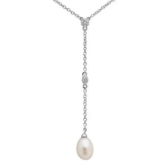 925 Sterling Silver Rhodium Plated CZ Drop Fresh Water Pearl Necklace