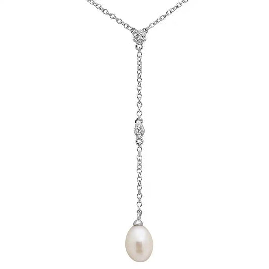 925 Sterling Silver Rhodium Plated CZ Drop Fresh Water Pearl Necklace