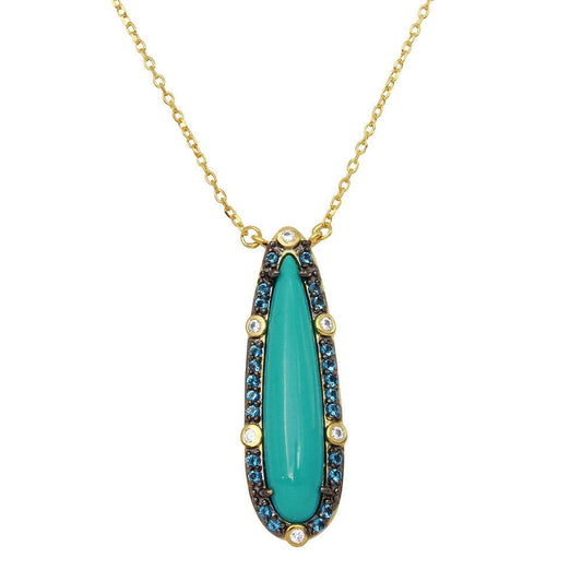 925 Sterling Silver Gold Plated Tear Drop Turquoise Center Stone Necklace with CZ