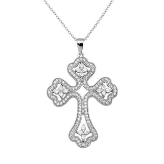 925 Sterling Silver Rhodium Plated CZ Encrusted Open Cross Necklace