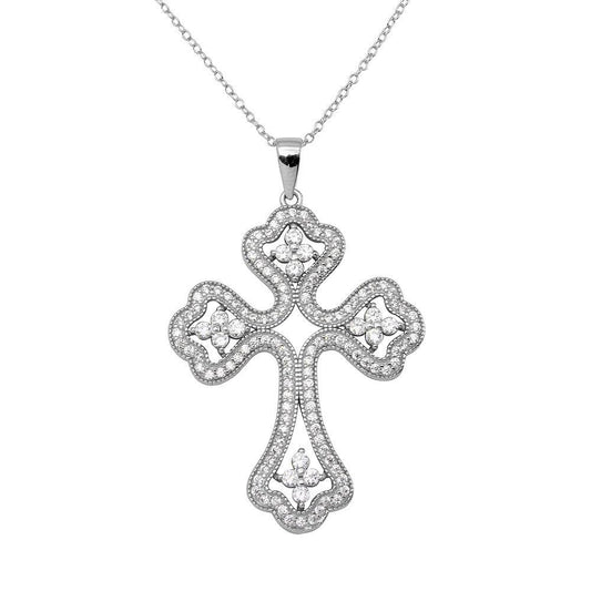 925 Sterling Silver Rhodium Plated CZ Encrusted Open Cross Necklace