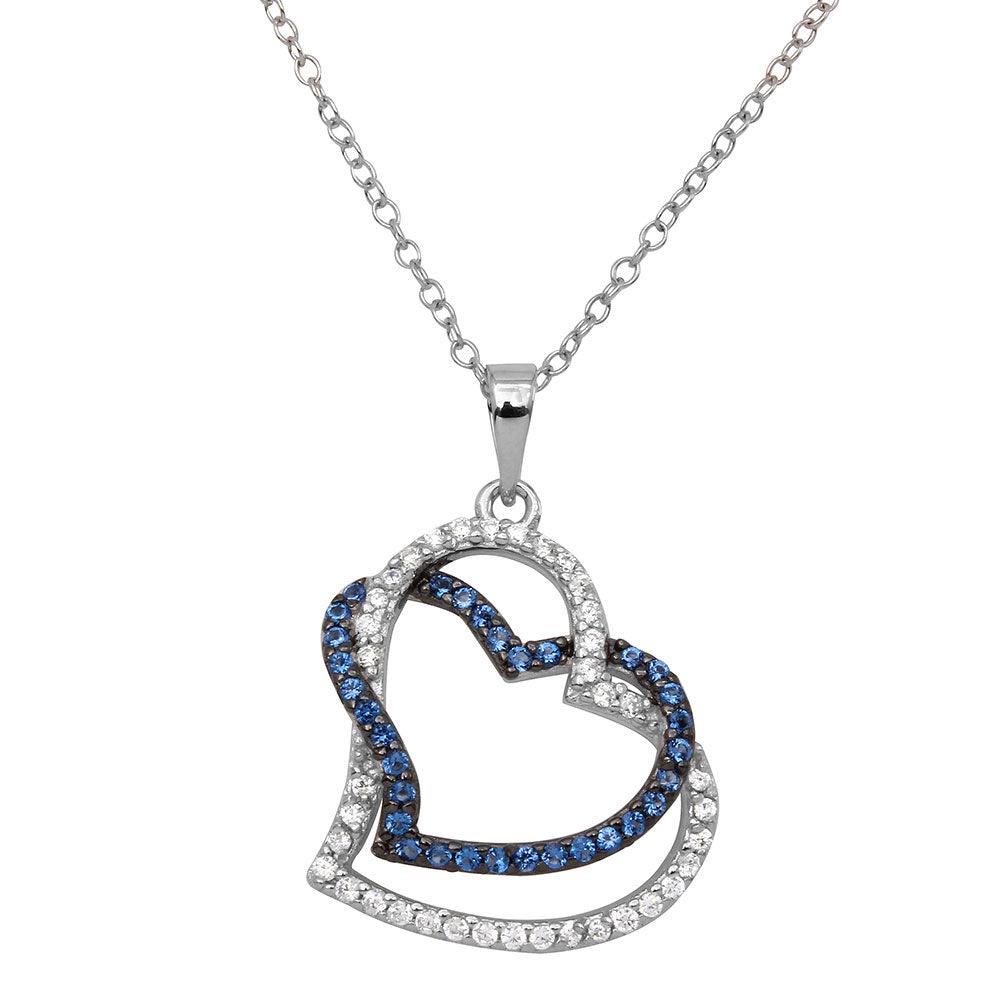 925 Sterling Silver Rhodium Plated Double Open Heart CZ Necklace