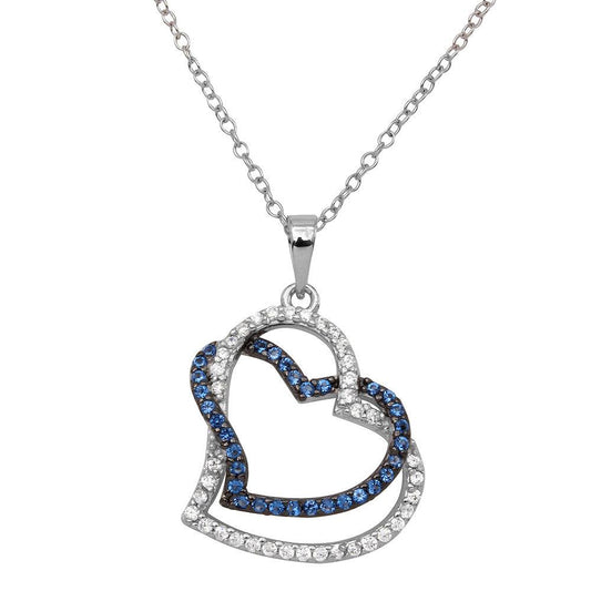 925 Sterling Silver Rhodium Plated Double Open Heart CZ Necklace