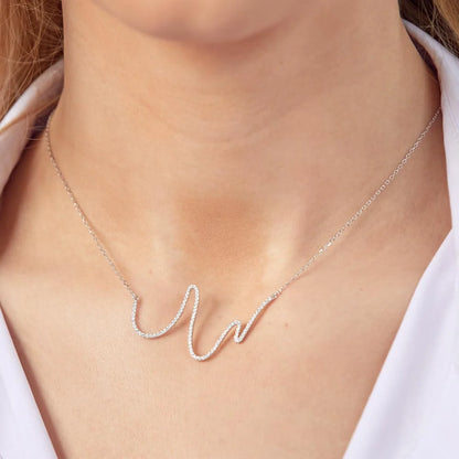925 Sterling Silver Rhodium Plated Wave Design with CZ Necklace