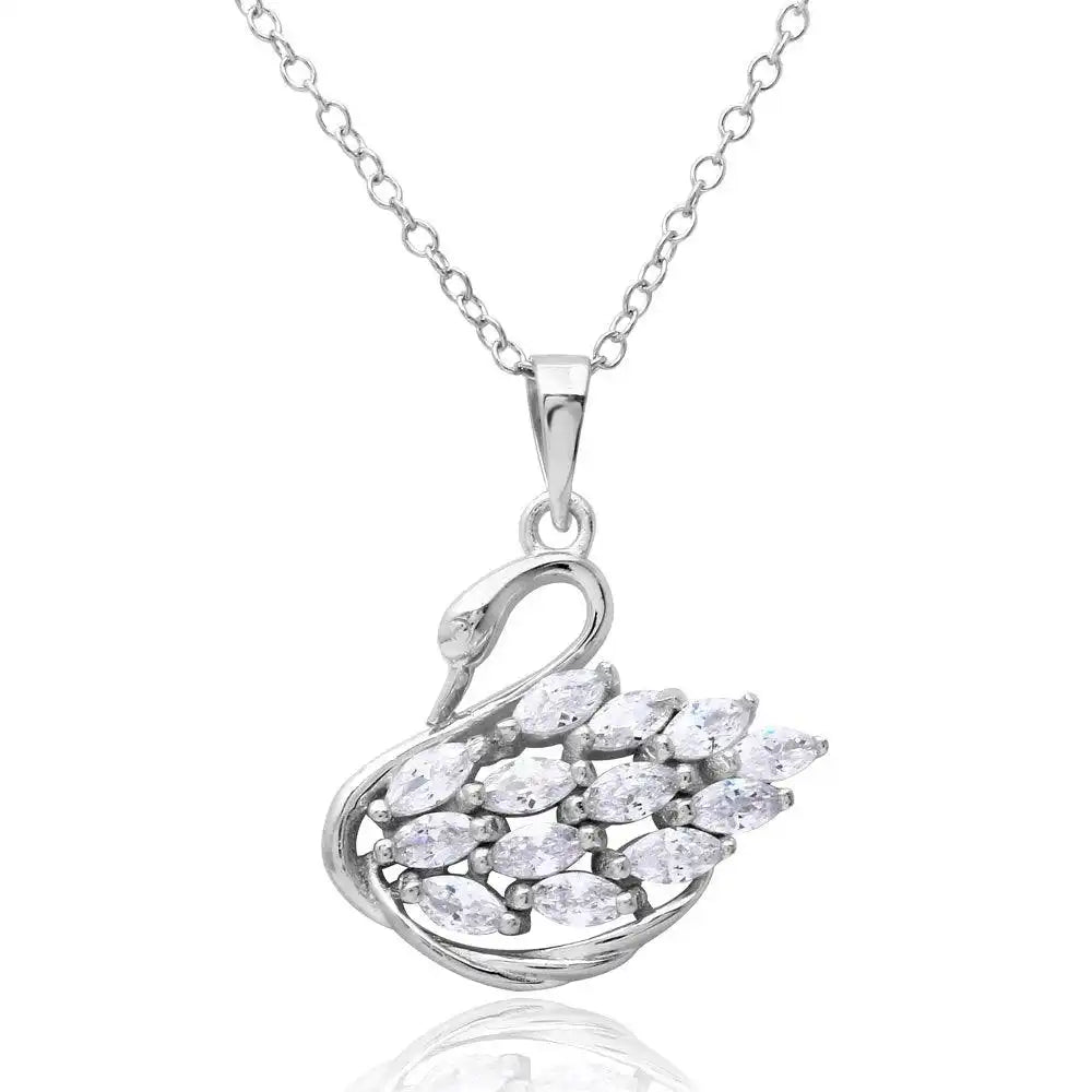 925 Sterling Silver Rhodium Plated CZ Swan Necklace