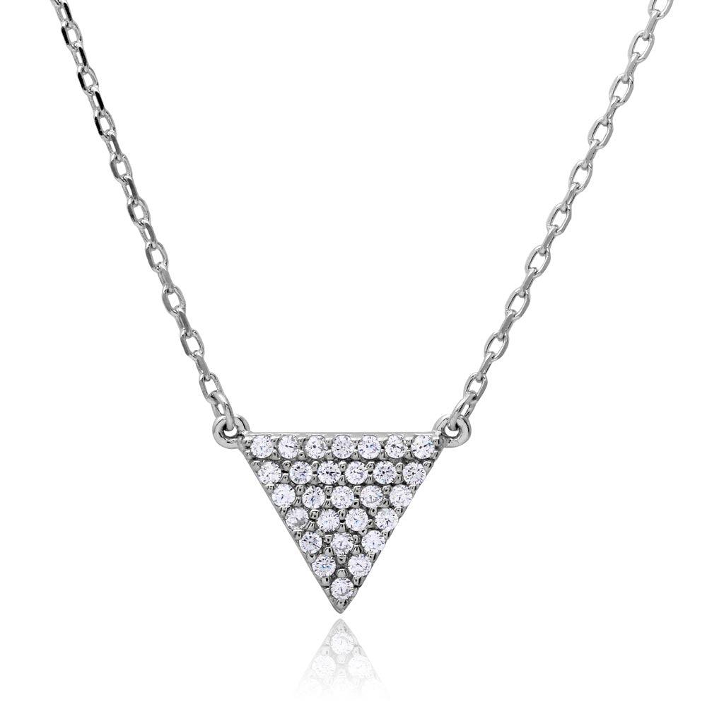 925 Sterling Silver Rhodium Plated CZ Encrusted Triangle Shape Necklace