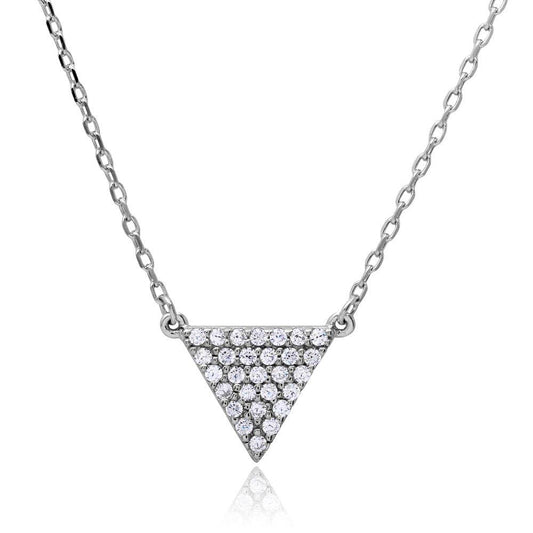 925 Sterling Silver Rhodium Plated CZ Encrusted Triangle Shape Necklace