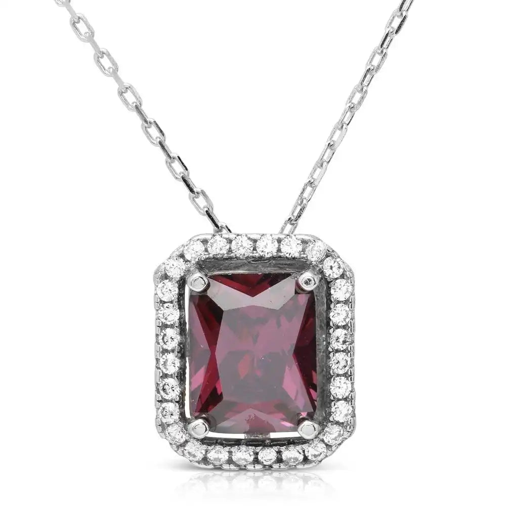 925 Sterling Silver Rhodium Plated Purple Square Halo Pendant