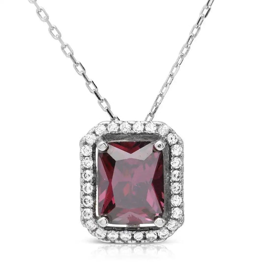 925 Sterling Silver Rhodium Plated Purple Square Halo Pendant
