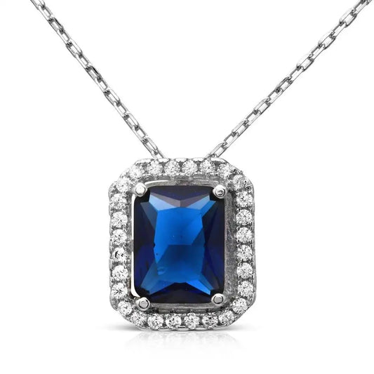925 Sterling Silver Rhodium Plated Blue Square Halo Pendant
