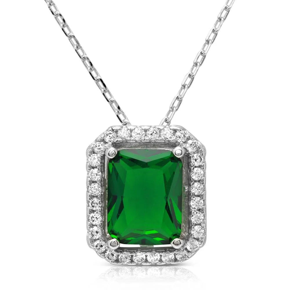 925 Sterling Silver Rhodium Plated Green Square Halo Pendant