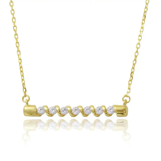 925 Sterling Silver Gold Plated Twisted Bar Necklace with CZ
