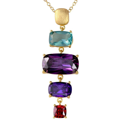 925 Sterling Silver Gold Plated Dangling Multi Color Baguette Cut CZ Necklace and Stud Earring