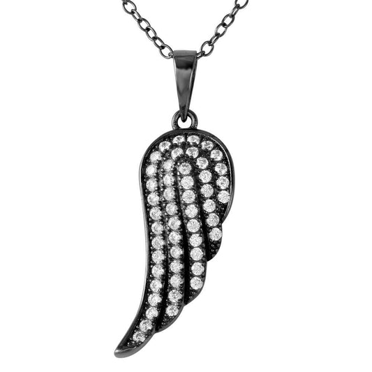 925 Sterling Silver Black Rhodium Plated Wing Pendant with CZ