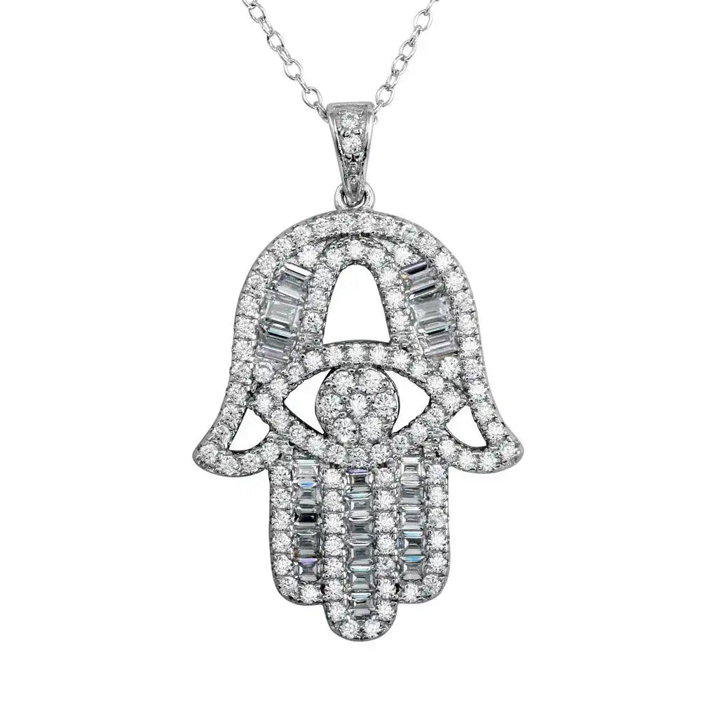 925 Sterling Silver Rhodium Plated CZ Encrusted Hamsa Hand Necklace