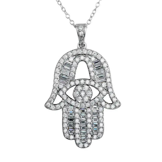 925 Sterling Silver Rhodium Plated CZ Encrusted Hamsa Hand Necklace
