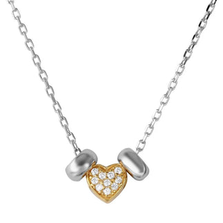 925 Sterling Silver Rhodium Plated and Gold Plated CZ Heart with 2 Hoop Necklace