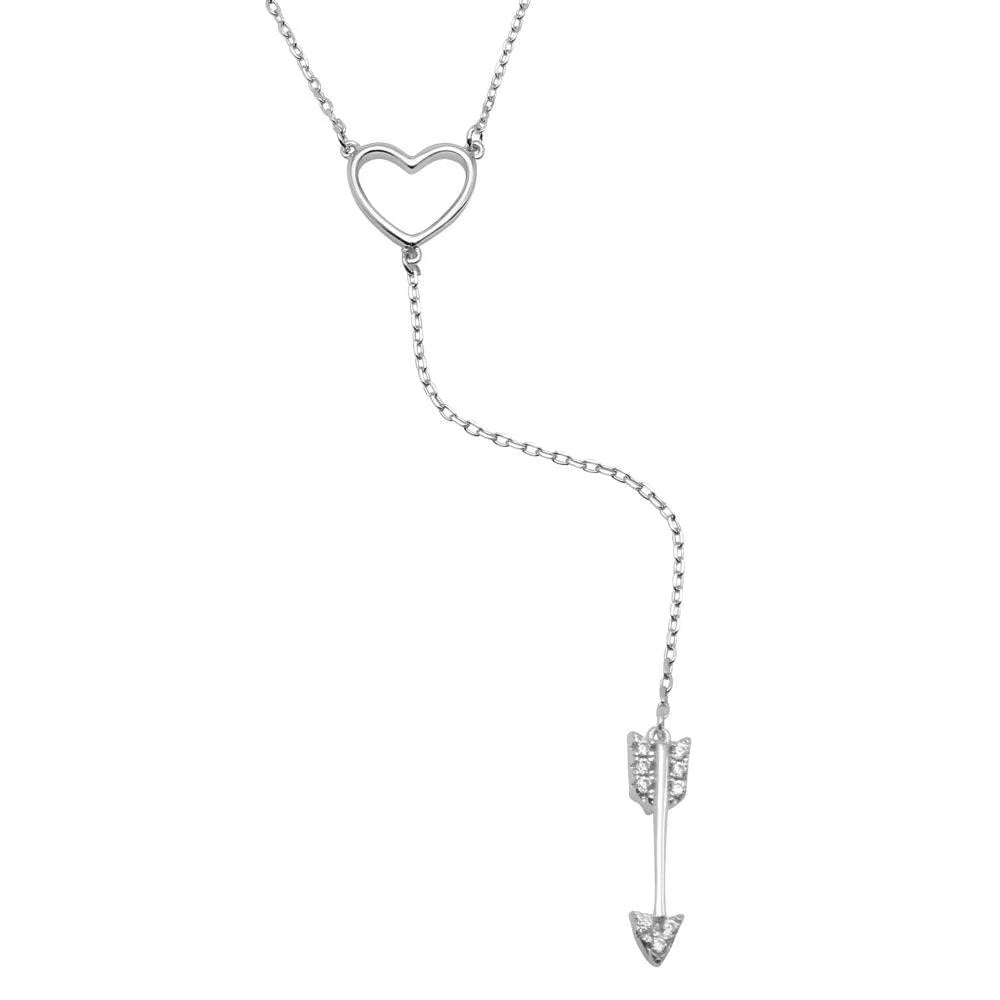 925 Sterling Silver Rhodium Plated Heart Necklace with Dropped CZ Arrow