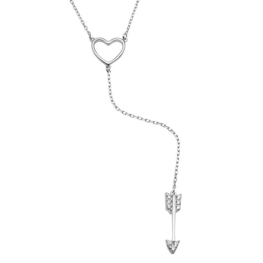 925 Sterling Silver Rhodium Plated Heart Necklace with Dropped CZ Arrow