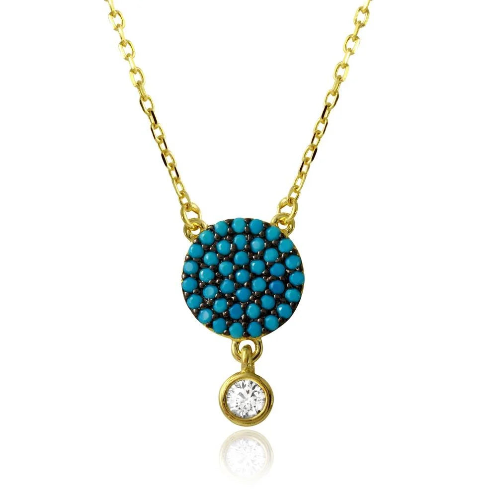 925 Sterling Silver Gold Plated Circle Turquoise Bead Necklace with Dangling Round CZ
