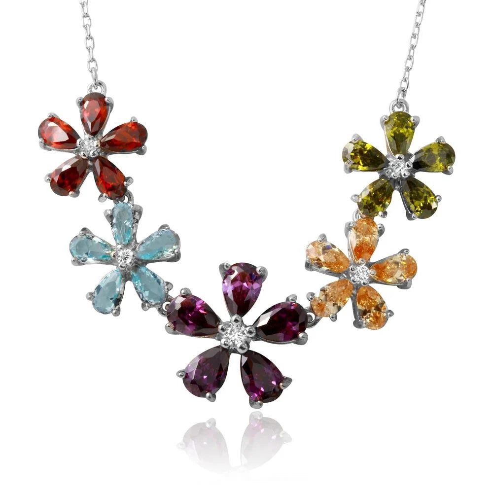 925 Sterling Silver Rhodium Plated 5 Multi Color CZ Flower Necklace