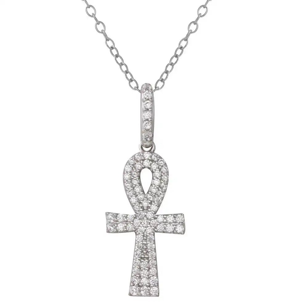 925 Sterling Silver Rhodium Plated Thick Egyptian CZ Cross