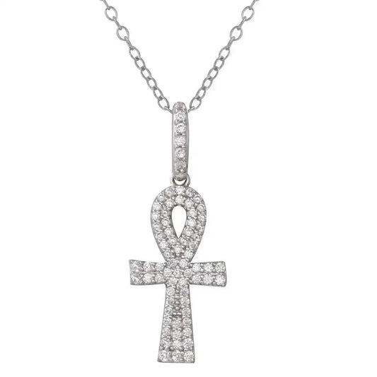 925 Sterling Silver Rhodium Plated Thick Egyptian CZ Cross