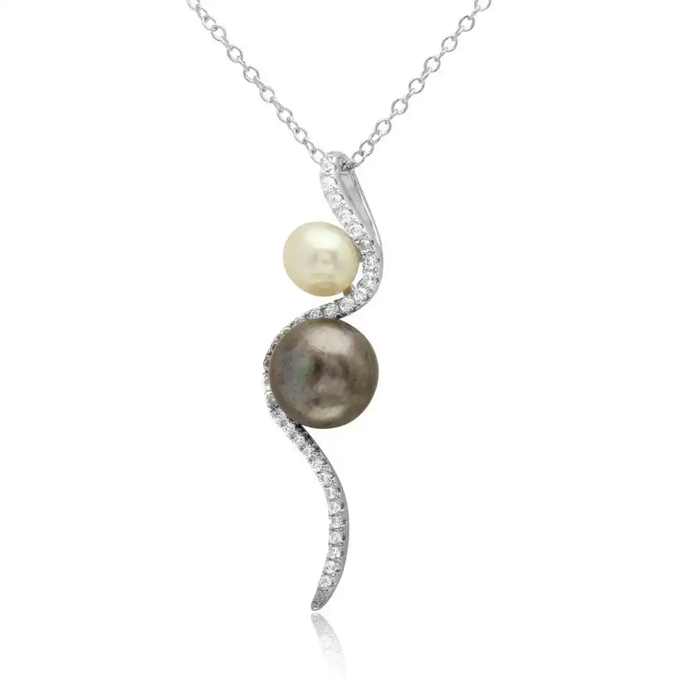 925 Sterling Silver Rhodium Plated Fresh Water Pearl with Slanted CZ Design Necklace