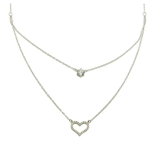 925 Sterling Silver Rhodium Plated Double Chain Heart Necklace with CZ