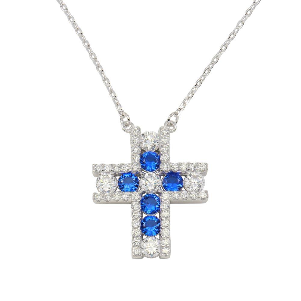 925 Sterling Silver Rhodium Plated Cross Pendant Necklace with Clear and Blue Necklace