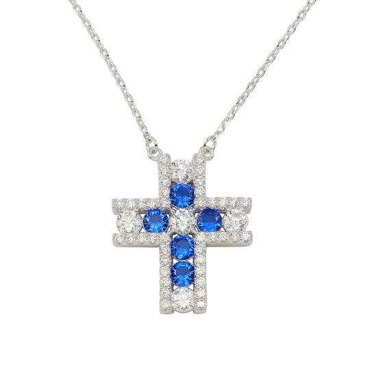925 Sterling Silver Rhodium Plated Cross Pendant Necklace with Clear and Blue Necklace