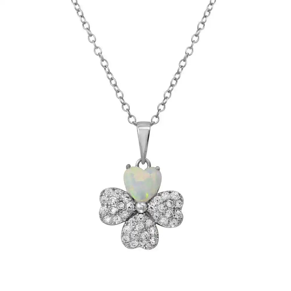 925 Sterling Silver Rhodium Plated Clover CZ and Synthetic Opal Leaf Necklace