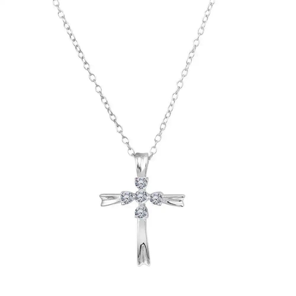 925 Sterling Silver Rhodium Plated Simple Cross Necklace with CZ
