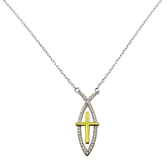 925 Sterling Silver Rhodium Plated CZ Fish Sign with Gold Plated Cross Necklace